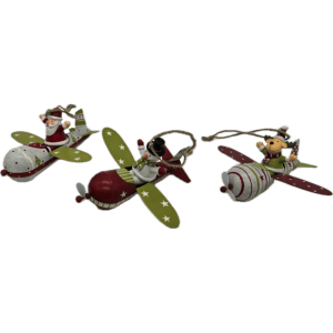 Santa, Renna e Snowman in Aereo in Metallo, 3 ass. 13.5 x 9 cm.