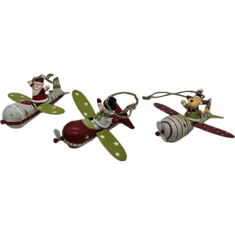 Santa, Renna e Snowman in Aereo in Metallo, 3 ass. 13.5 x 9 cm.